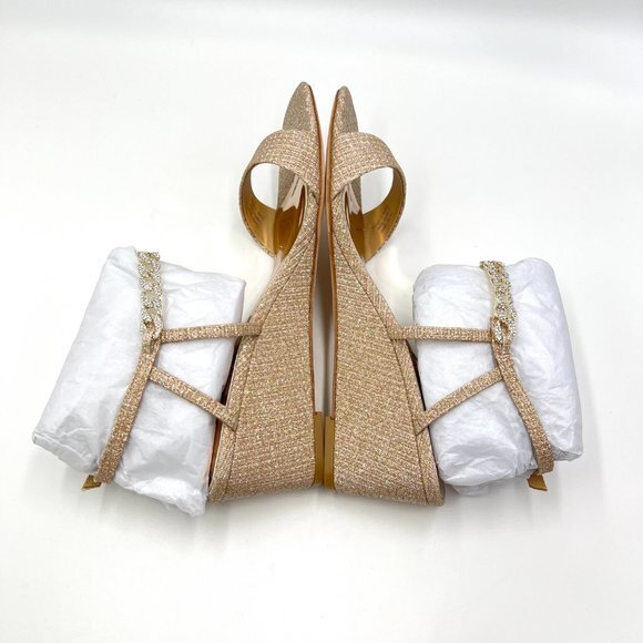 Badgley Mischka Size 6.5 Kaelyn Pale Gold‎ Jeweled Wedges Dress Sandals Shoes - Picture 8 of 12